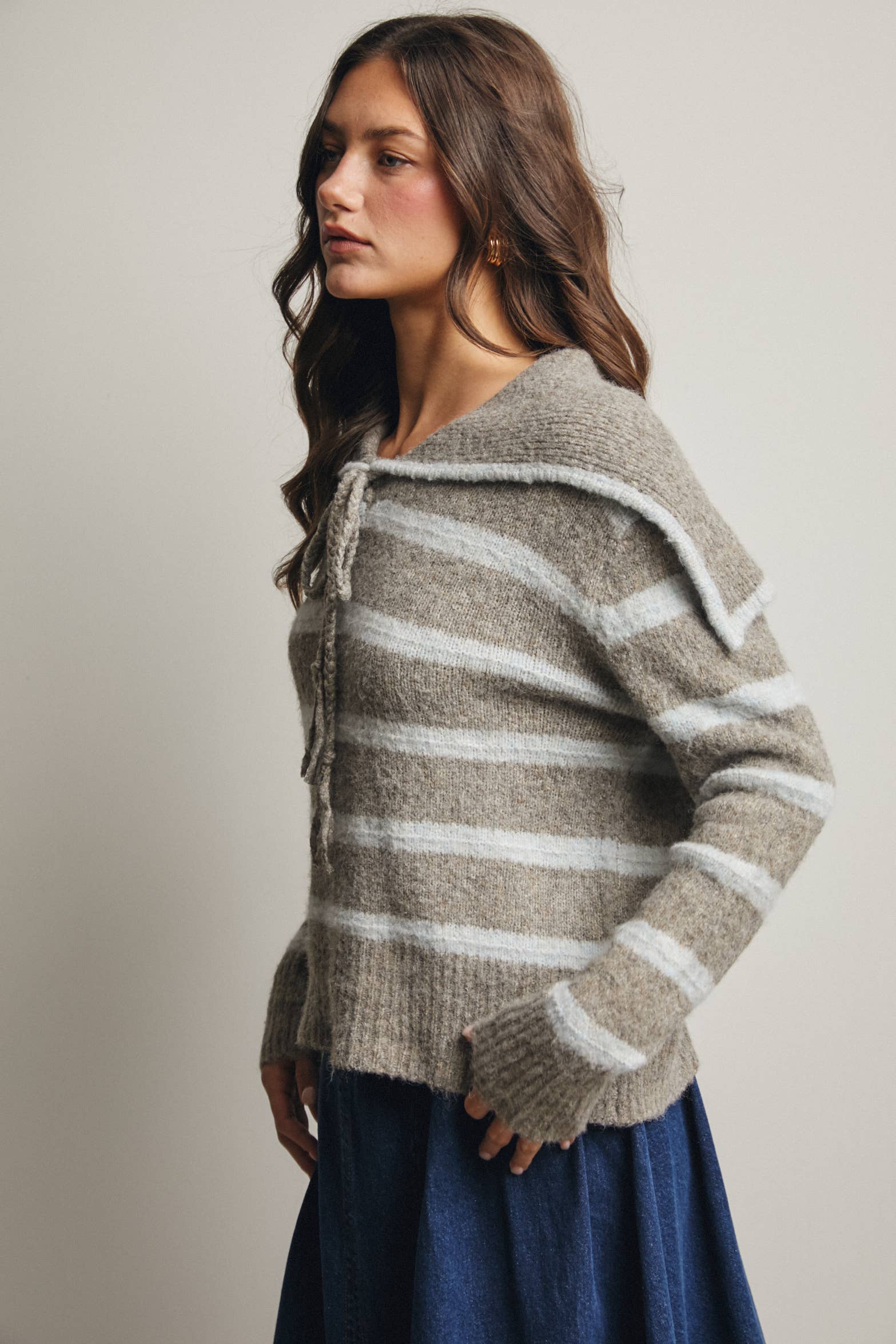 Forte - Vendita all'ingrosso Maglione tricot - Donna - Maglione a Maglia con Colletto da Marinaio a Righe FSW001227