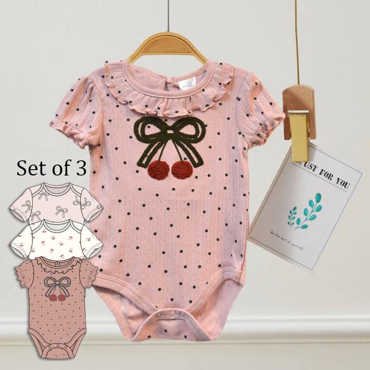 Set of 3 100% Cotton Bow Cherry Chenille Embroidery Bodysuit for wholesale by Lollipop Dreams