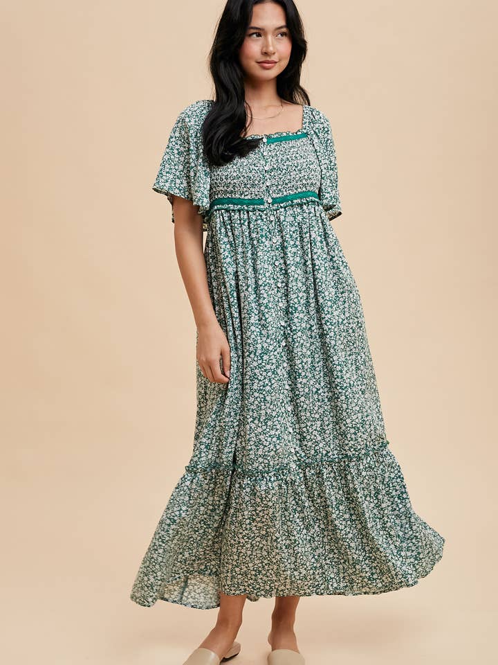 SMOCKED BUTTON DOWN FLUTTER SLEEVE MAXI for wholesale by In Loom