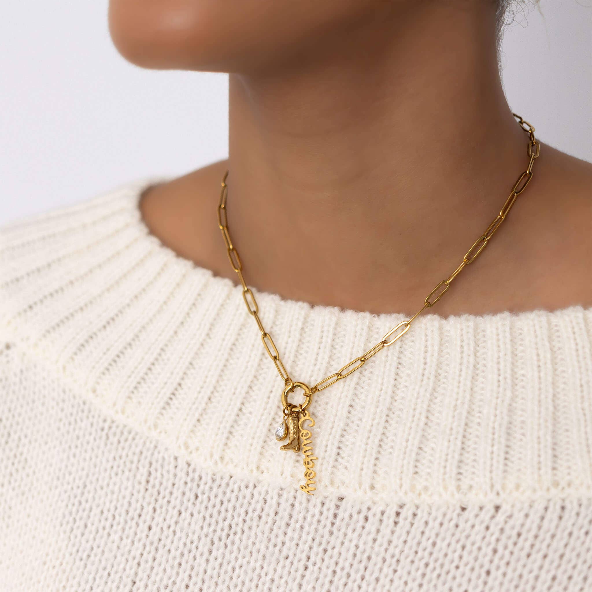 WJW – Engroshandel Smykkesæt – Guld rustfrit stål cowboy charmholder halskæde gavesæt1