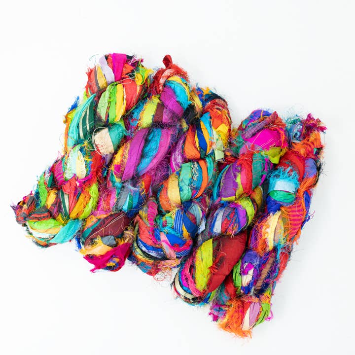 RECYCLED SARI SILK FRIZZ RIBBON MULTICOLOR for wholesale by Ganxxet, Inc.