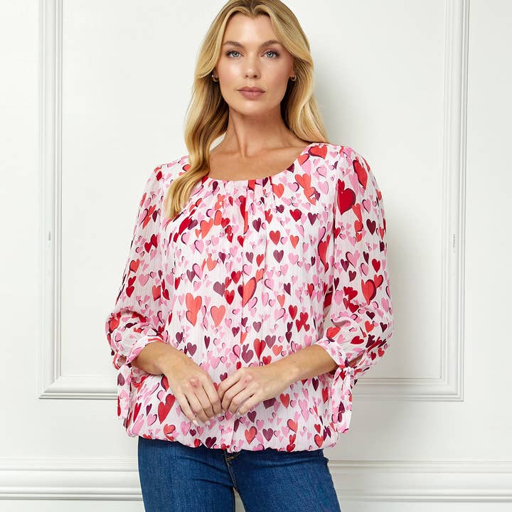 HEART PRINT PLEATED SCOOP NECK TIE SLEEVE BUBBLE BLOUSE for wholesale by Winslow Collection