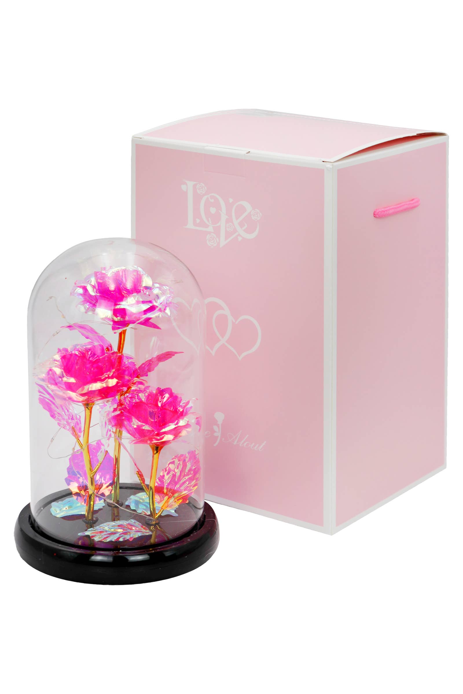 Rosa Triple Galaxy Rose Glass Dome LED-ljusstativ för wholesale på Faire2