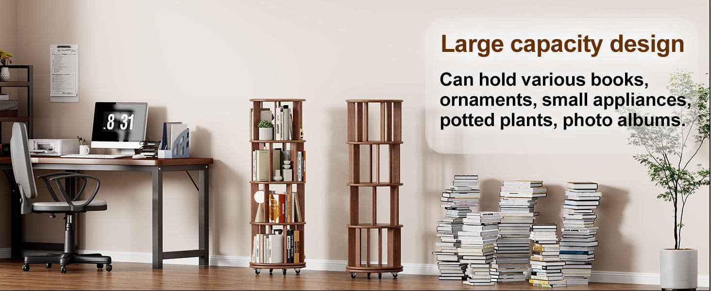 39F Inc. - Wholesale Bookcase - Walnut 4-Tier 100% Solid Wood Rotating Bookshelf with Wheel16