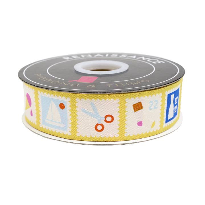 Salutations - Postage - 1-1/2" width - by Rashida Coleman Hale - 15 Yard Spool for wholesale by Renaissance Ribbons