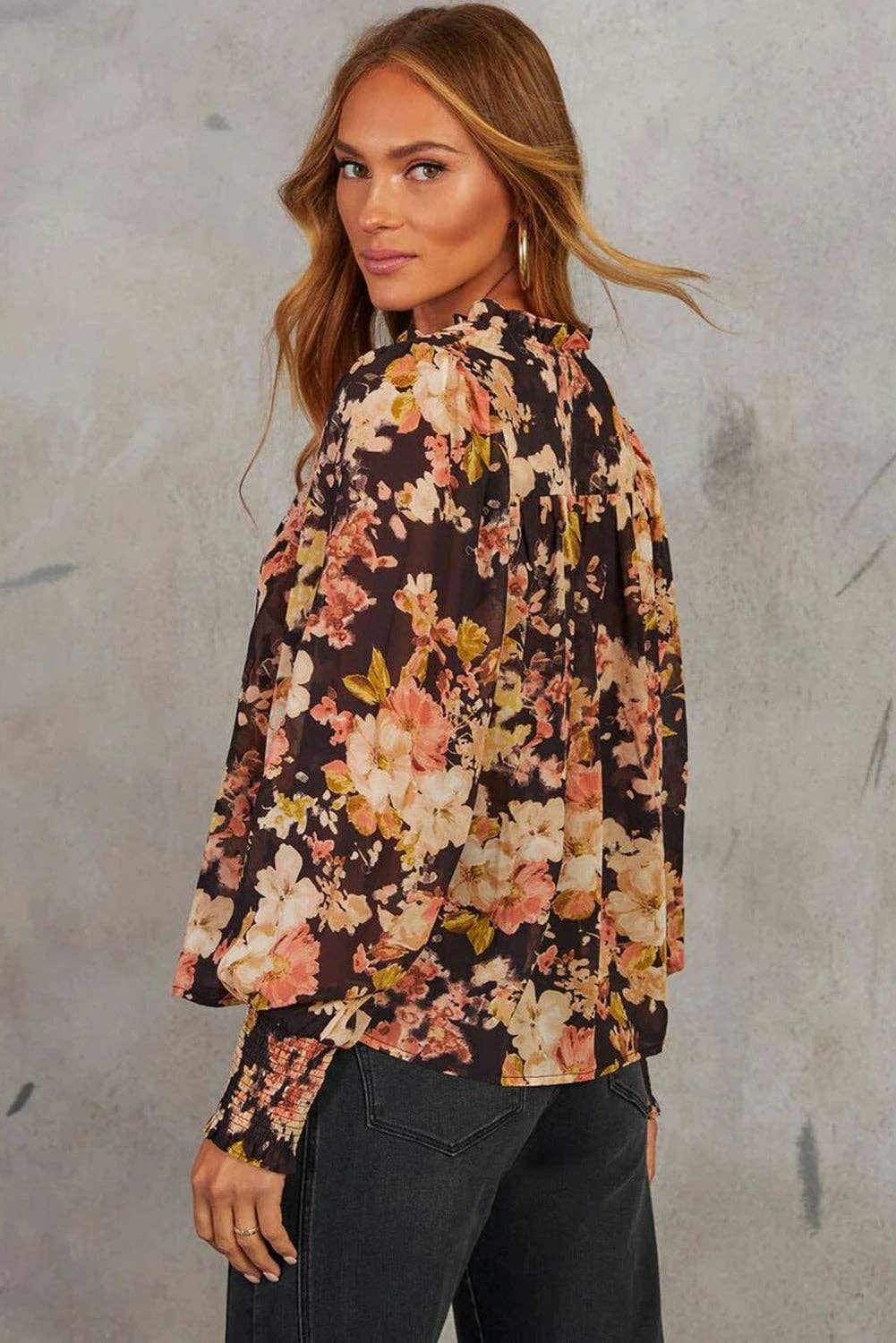 Black Floral V Neck Long Puff Sleeve Breezy Blouse for wholesale on Faire1