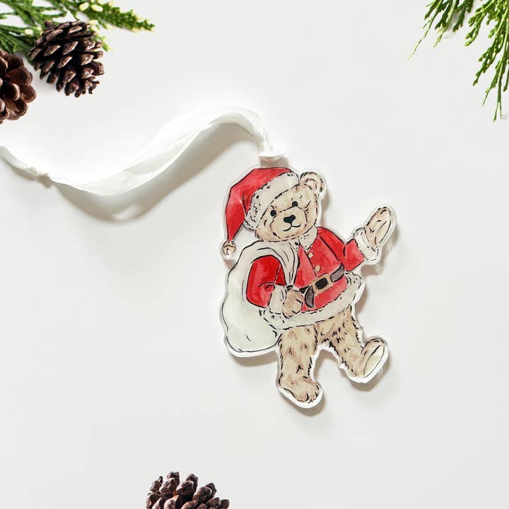 Santa Bear Christmas Acrylic Ornament for wholesale by The Scribblist