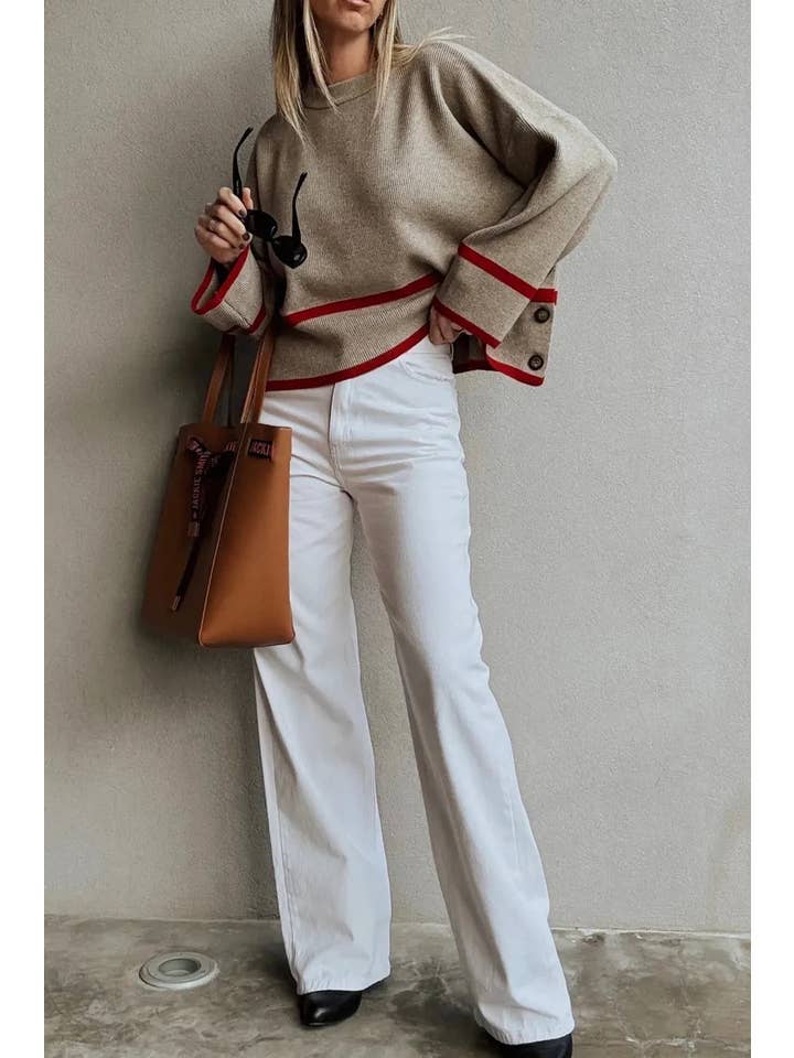 Lovesoft - Wholesale Knit Sweater - Women's - Beige Ribbed Knit Contrasted Stripe Detail Button Side Loose Sweater6