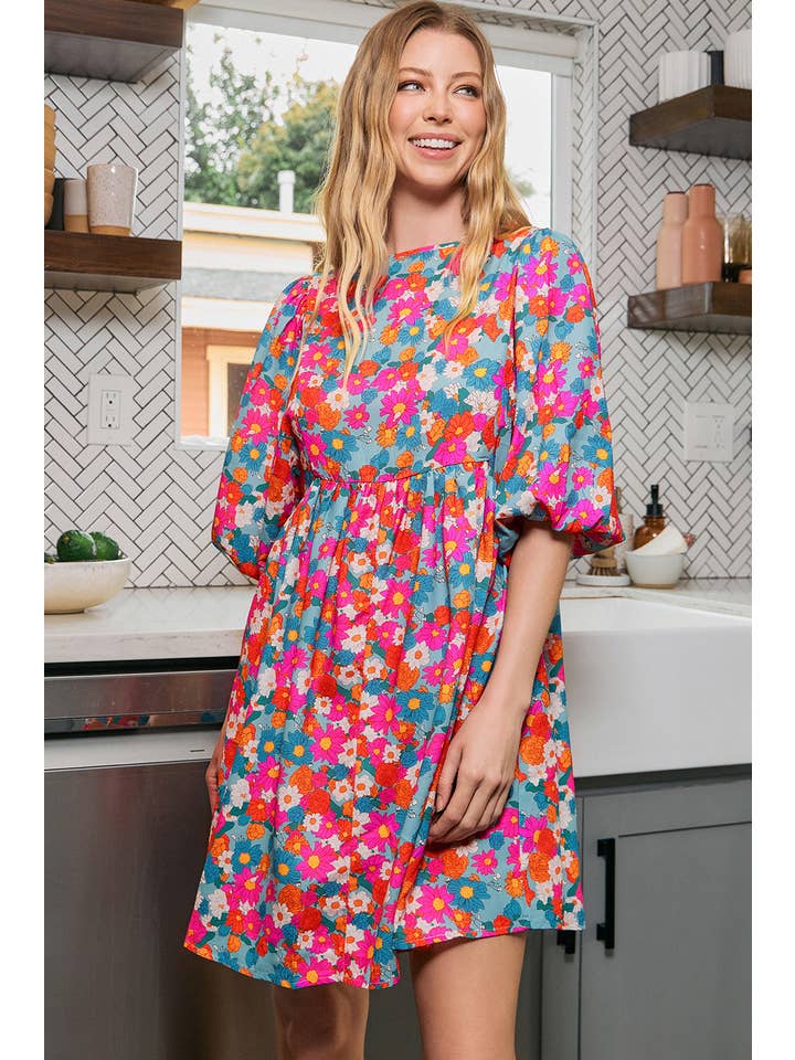 Blue Fashion-W Floral Tie Split Neck Bubble Sleeve Babydoll Dress for wholesale on Faire