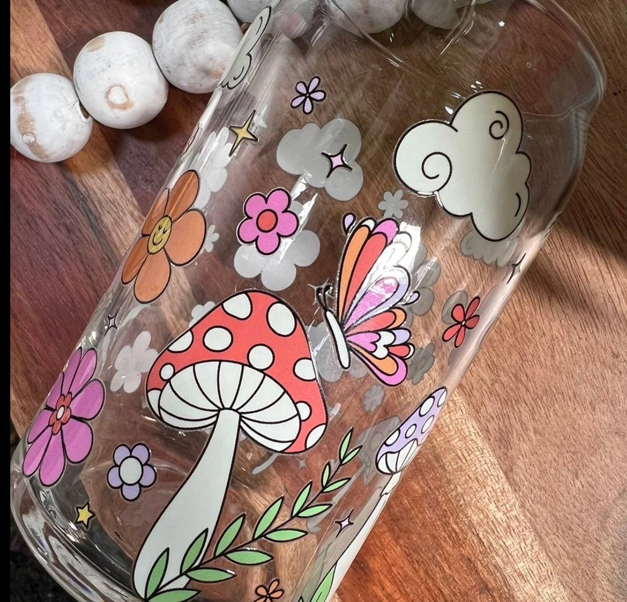 Boho Sips - Wholesale Drinking Glass/Cup - Mushroom Floral Can Glass Cup
