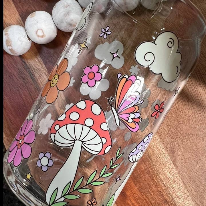 Mushroom Floral Can Glass Cup for wholesale by Boho Sips
