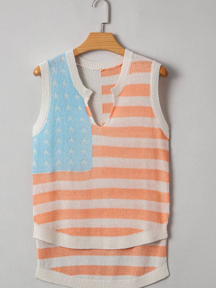 Beige USA Flag Notched Neckline Loose Sweater Vest for wholesale on Faire5