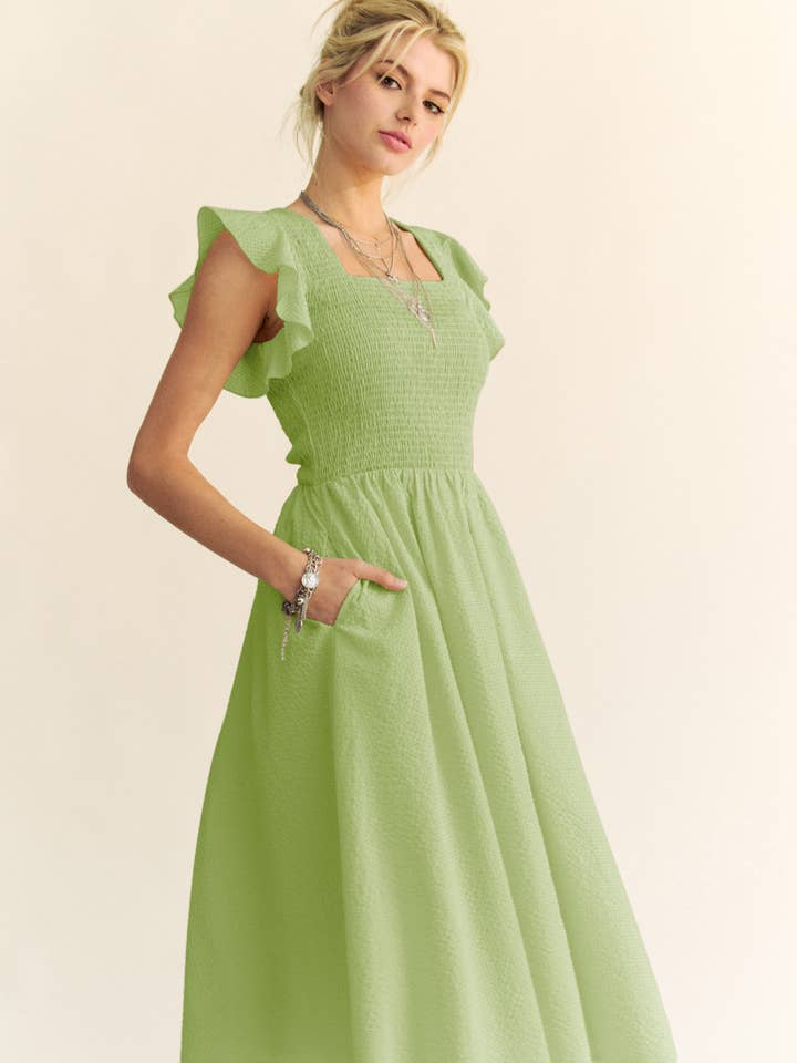 Davi & Dani – wholesale Dress – Women's – TEXTURED RUFFLE CAP SLEEVE SMOCKED MIDI DRESS12