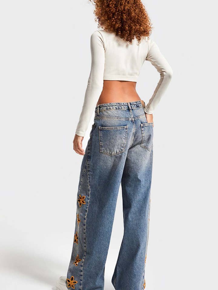 BLUE Floral Detail Wide Leg Jeans for wholesale on Faire5