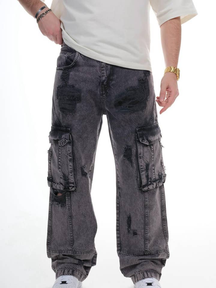 Mens Washed Black Cargo Jeans Distressed Multi Pocket Loose Fit 1224ES3256 for wholesale by Monocloth