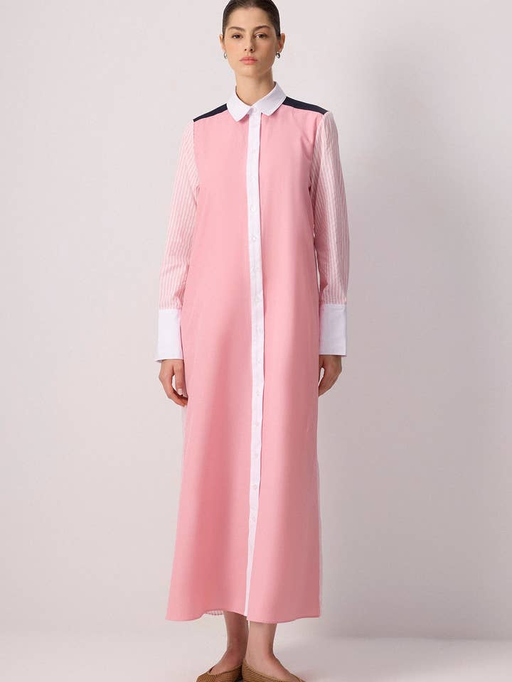 Two-Tone Striped Colorblock Maxi Shirt Dress - Cotton Blend for wholesale by Touché Privé