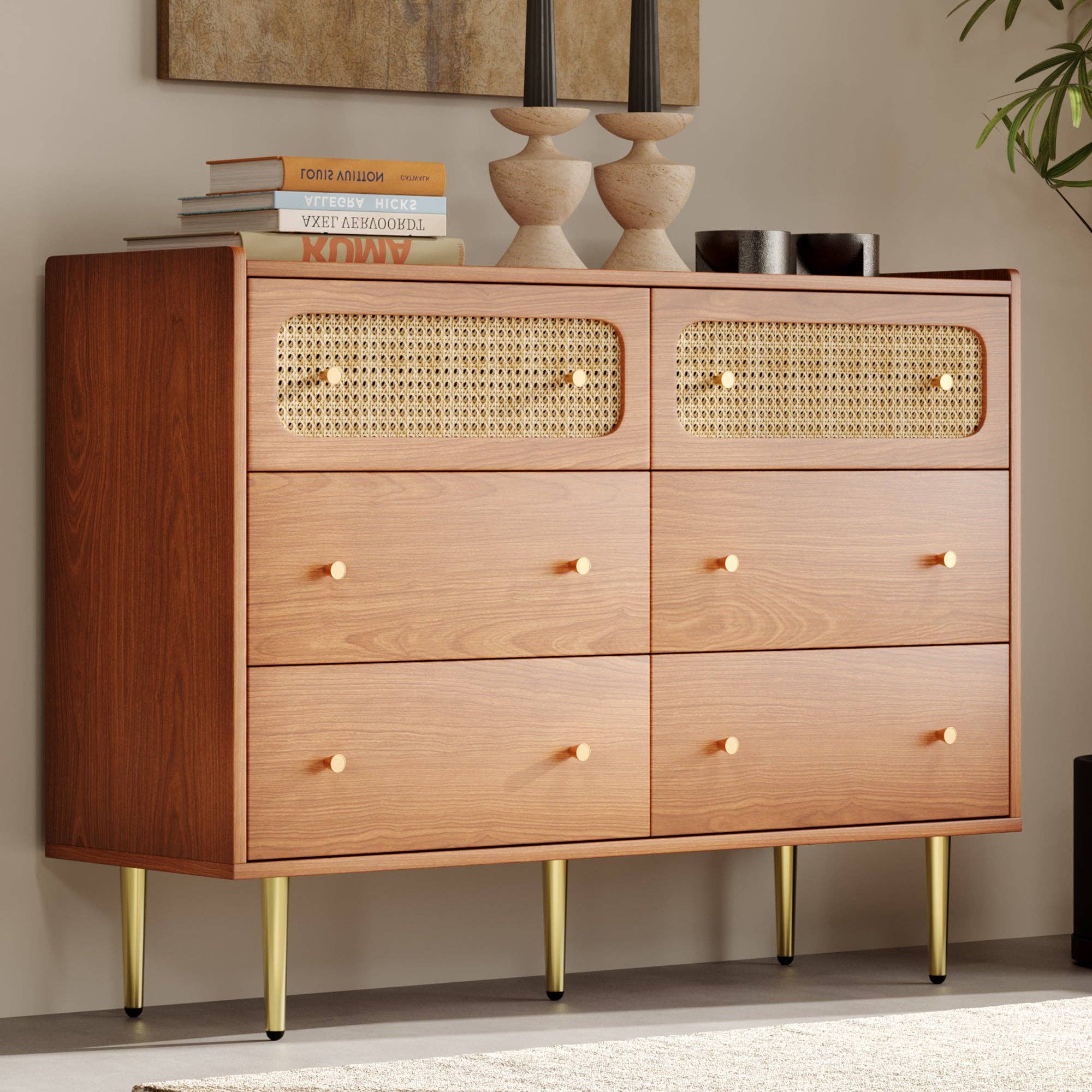 Urban Meuble - Wholesale Cabinet - Vintage sideboard with 6 rattan drawers, golden handles and legs, 120*90*40cm DELMO1