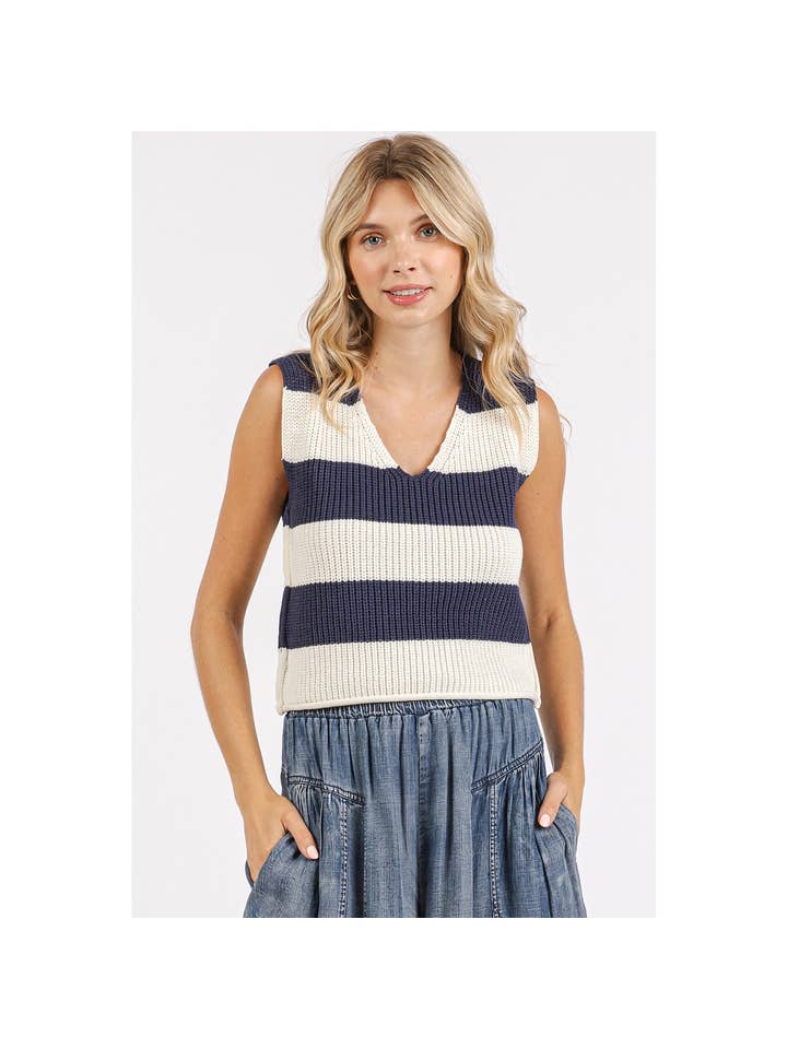 mittoshop - Wholesale Sweater Vest - Women's - STRIPED V-NECK CROPPED SWEATER VEST TOP1