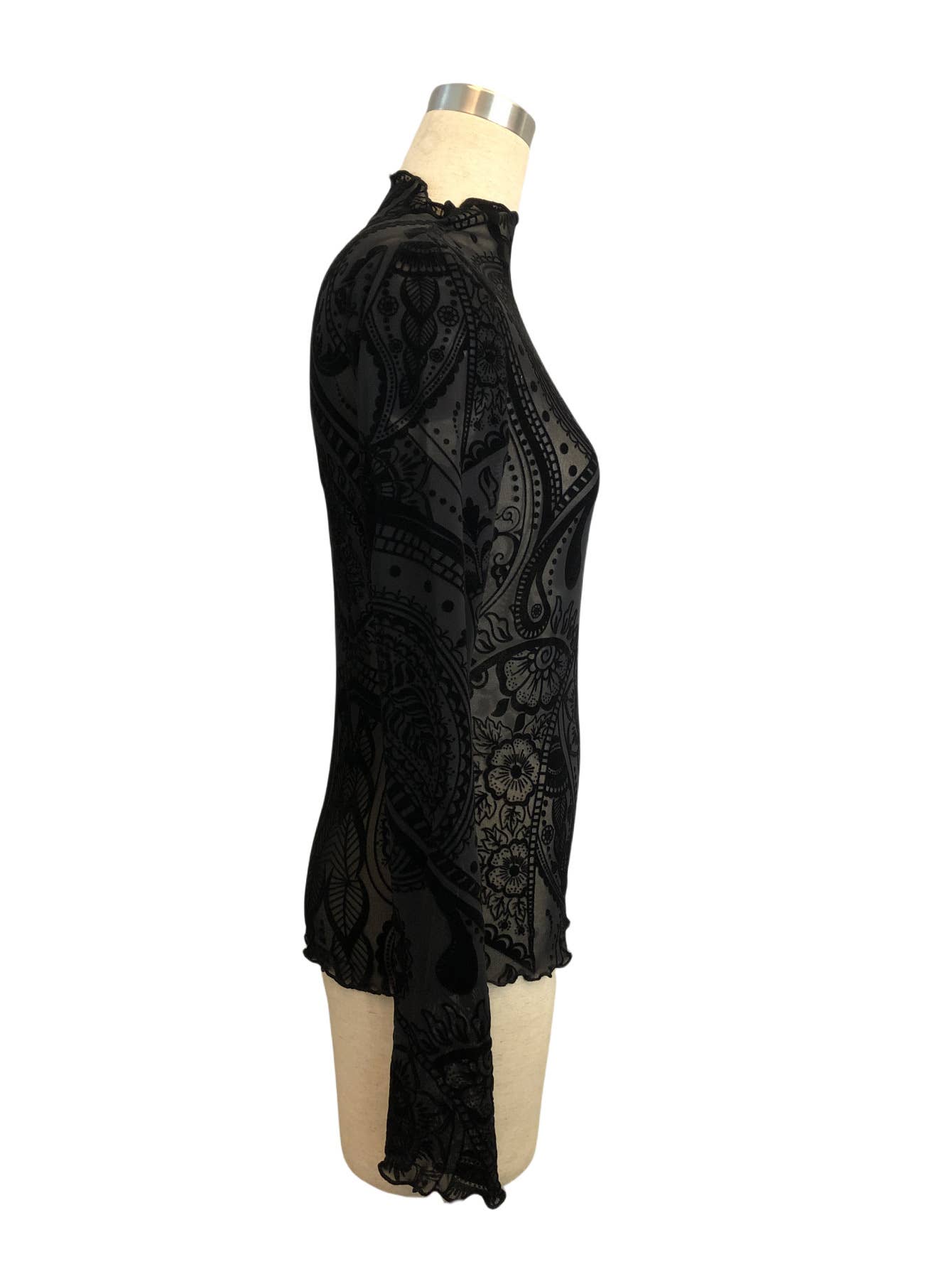 Black Paisley Velvet Print Mesh Top for wholesale on Faire4