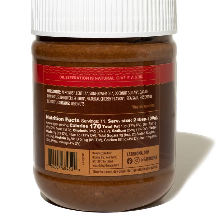 Broma - Wholesale Nut Butter - Broma Dark Chocolate Cherry Almond and Lentil Butter1