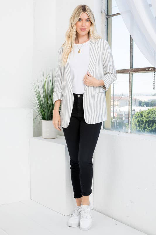 26 International - Wholesale Blazer - Women's - Linen Blend Stripe Roll Up Blazer24