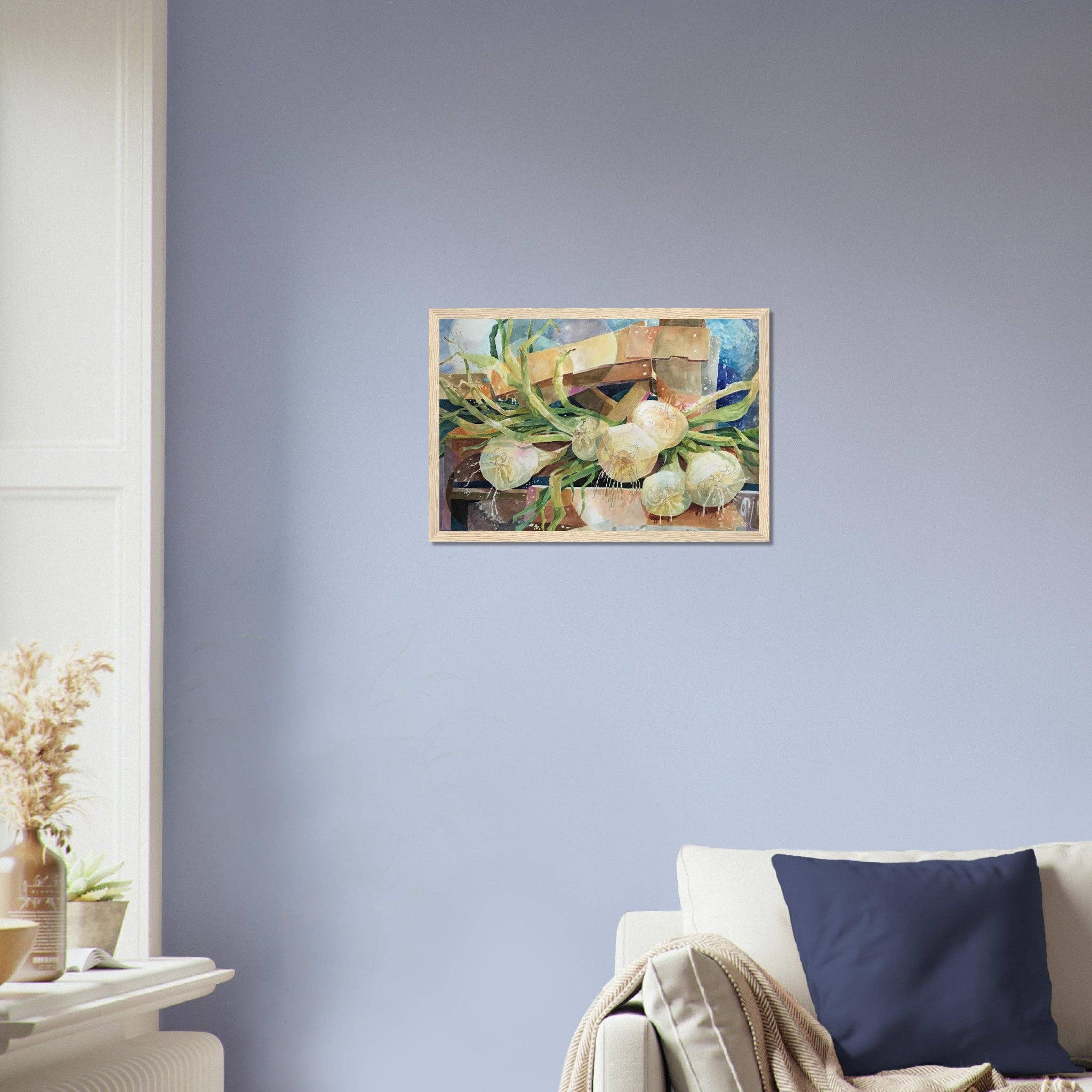 Barbara Cleary Designs - Vendita all'ingrosso Stampa artistica - Natura morta con cipolle ad acquerello | Stampa d'arte incorniciata in legno 12x18 | Opera originale dell'artista americana Barbara Cleary5