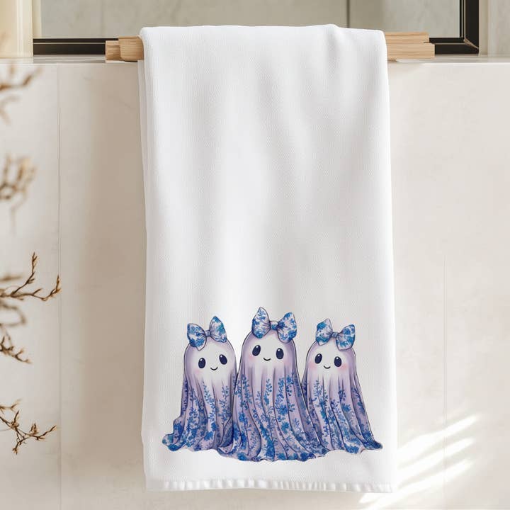 Blue & White Toile Ghost Hand Towel for Elegant Bath Decor for wholesale by Fernville Creations