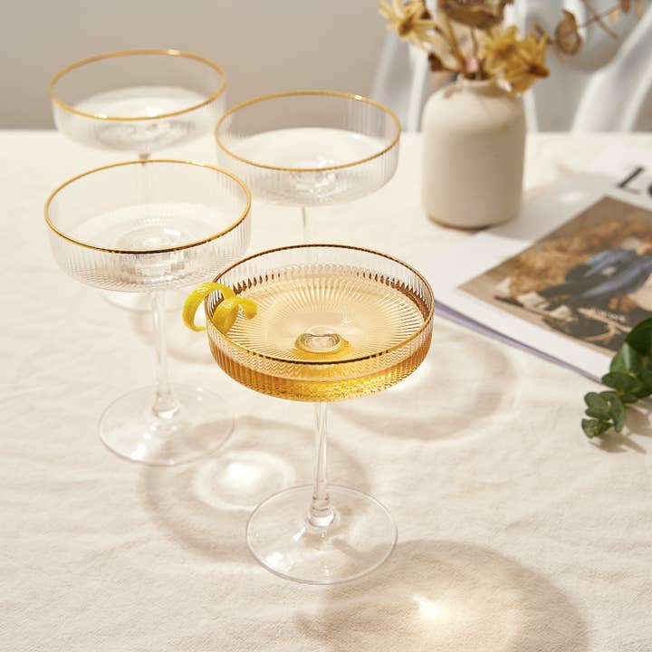 The Wine Savant / Khen Glassware - Wholesale Cocktail/Liquor Glass - Art Deco Gilded Crystal Coupe Glasses, Ribbed - Set of 4