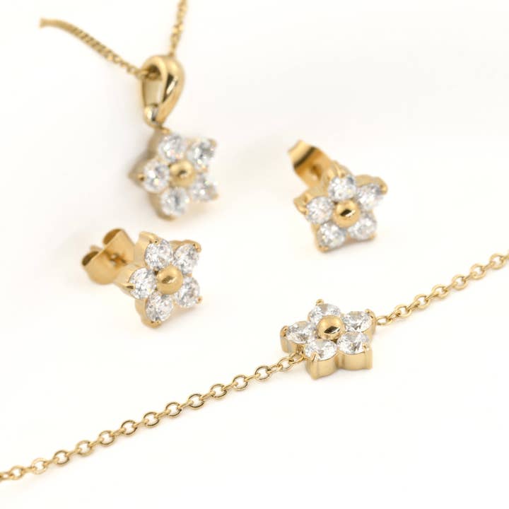 Diamond Flower Jewelry Set - CZ Flower Necklace and Studs for wholesale by Blueyejewelry