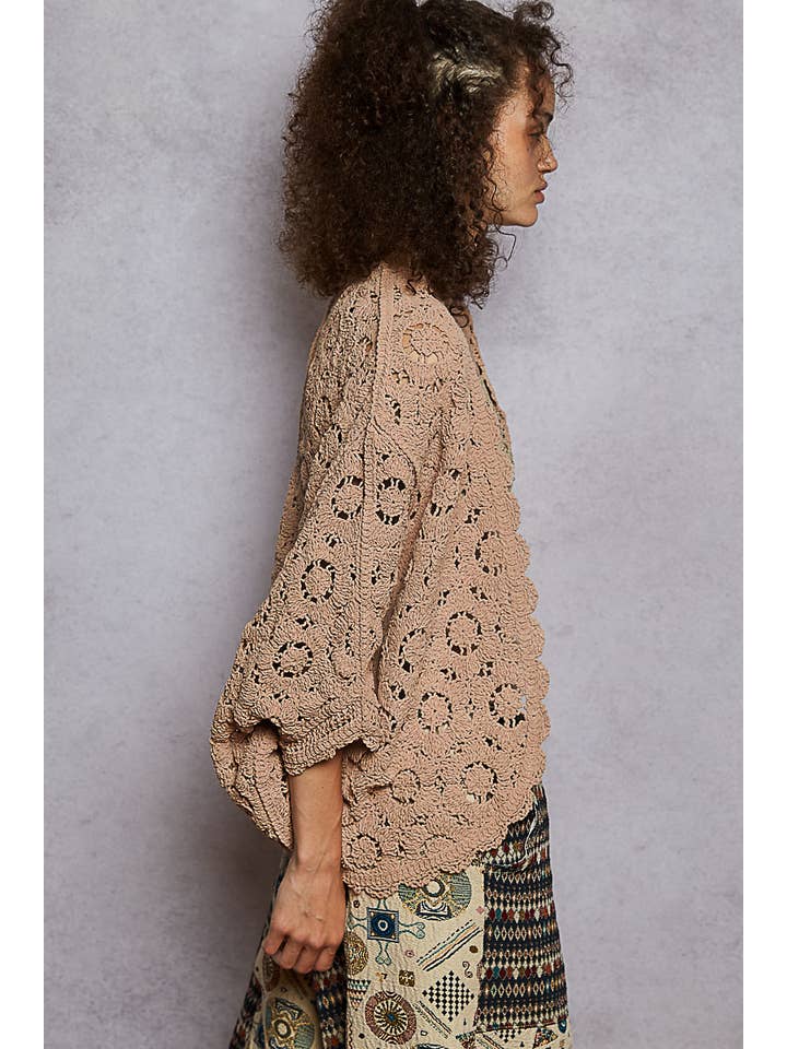 Pol Clothing - Wholesale Cardigan - Women's - Long sleeve v neck floral pattern crochet chenille cardigan24