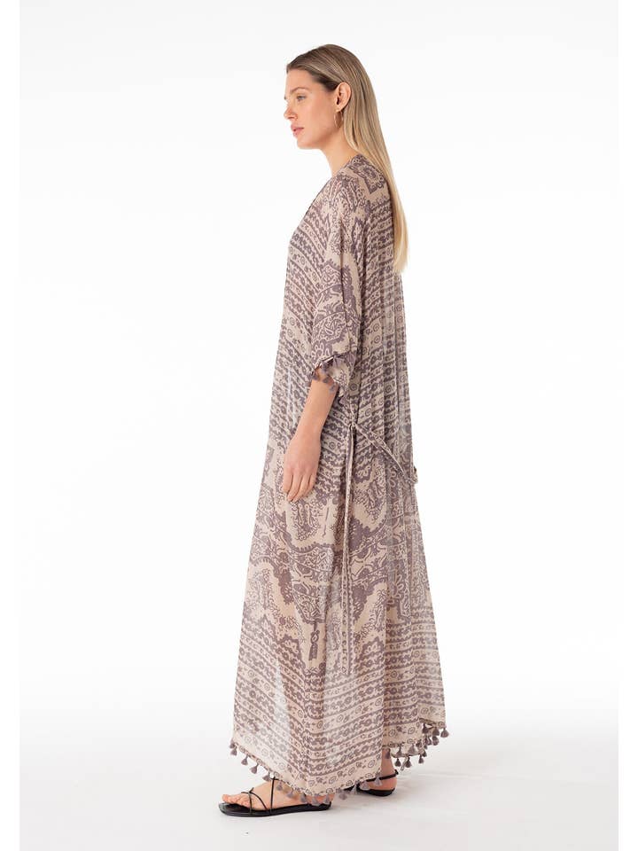 Natural Grey Sheer Printed Tie Front Maxi Kimono Robe for wholesale on Faire