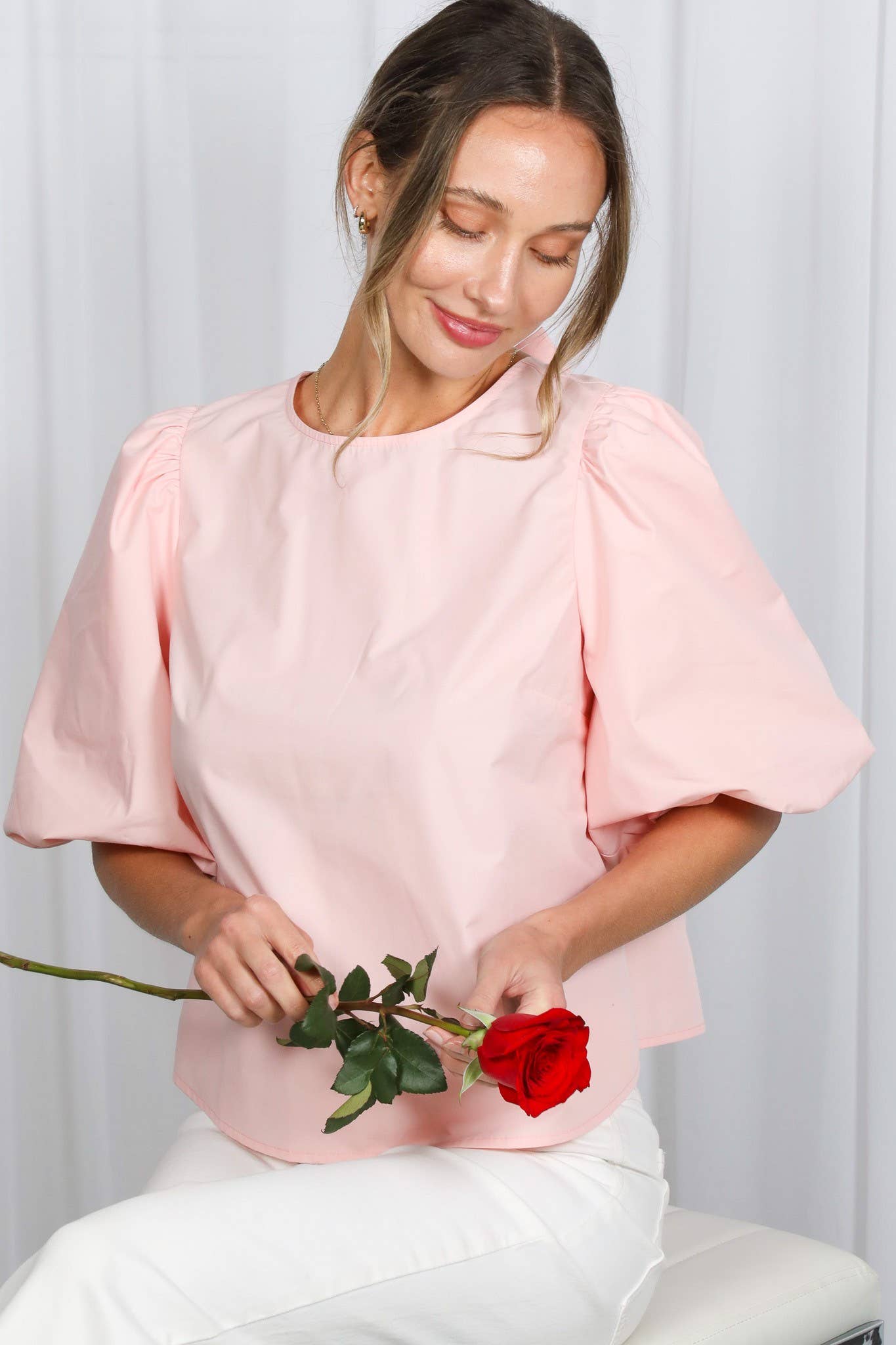 Vine & Love - Wholesale Blouse - Women's - Bubble Sleeve V-Back 2 Bow Detail Blouse Top VT826219