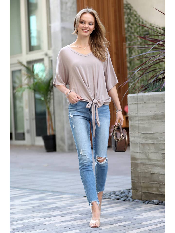 42POPS - Wholesale Knit Top - Women's - ,._ 42POPS LUXE RAYON V-NECK TIE FRONT TOP