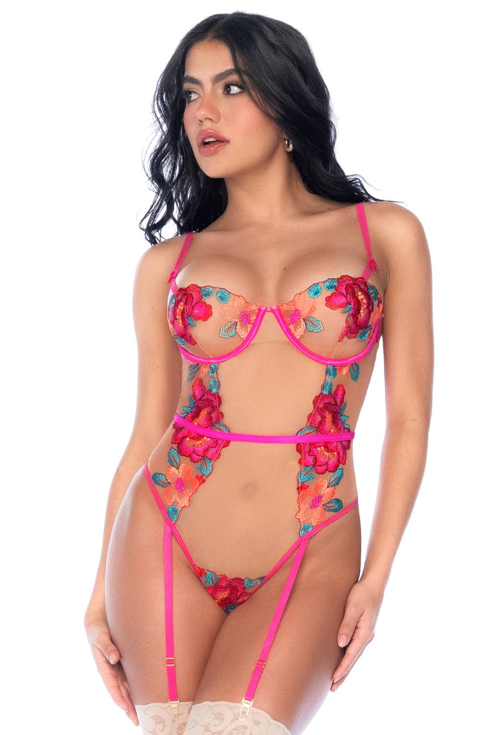 Mapalé - Wholesale Lingerie Bodysuit - Women's - Floral Embroidered Tulle Bodysuit -MAL8928GAR