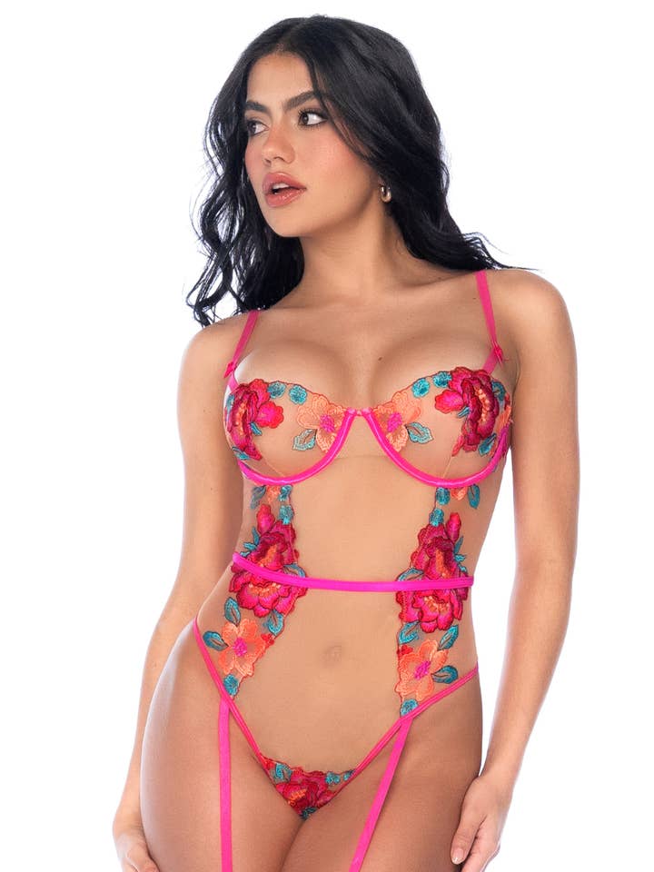 Mapalé - Wholesale Lingerie Bodysuit - Women's - Floral Embroidered Tulle Bodysuit -MAL8928GAR0