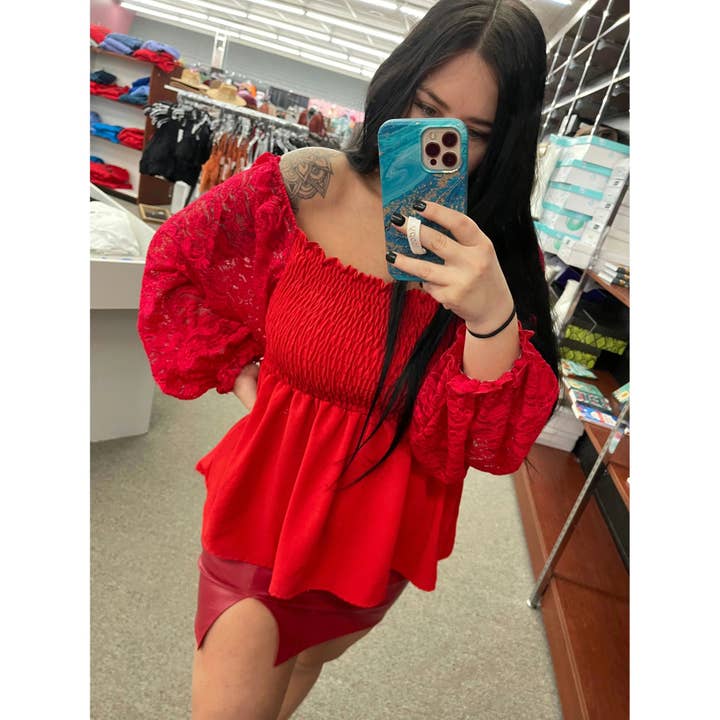Be Mine Red lace sleeve Top for wholesale by Gabriel Clothing Co