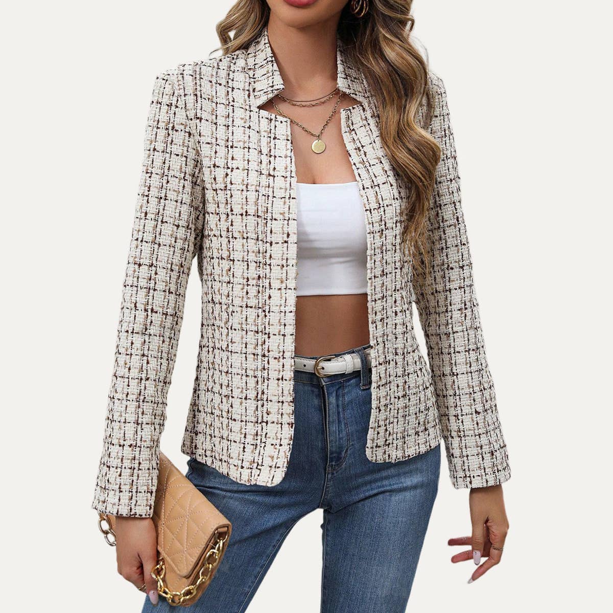 The Moment Collection – wholesale Blazer – Women's – Trendy Plaid Mock Neck Long Sleeve Open-Front Blazer 2