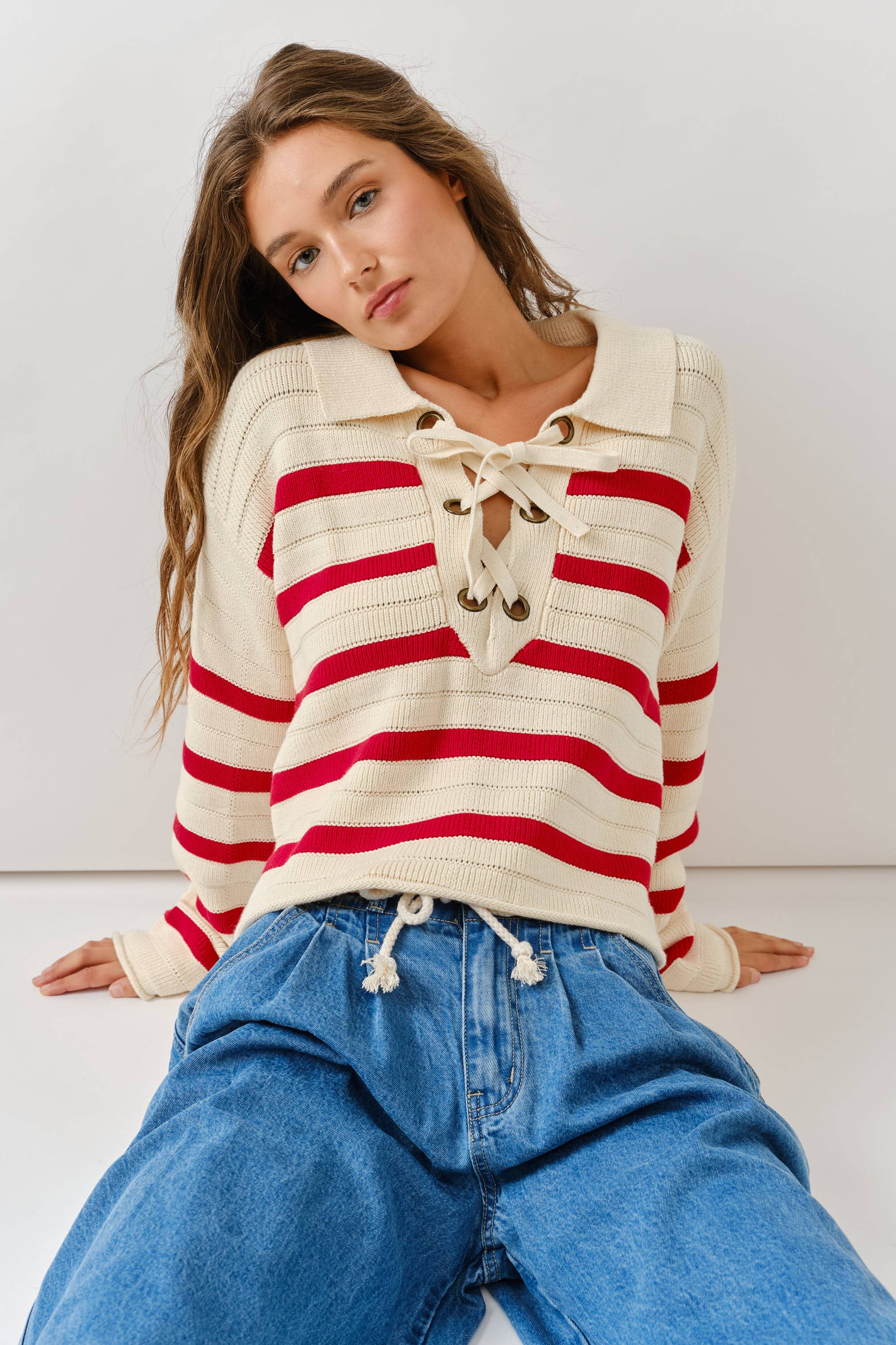 Aaron & Amber - Wholesale Knit Sweater - Women's - AJT5089 LACE UP RELEXED FIT STRIPE SWEATER4