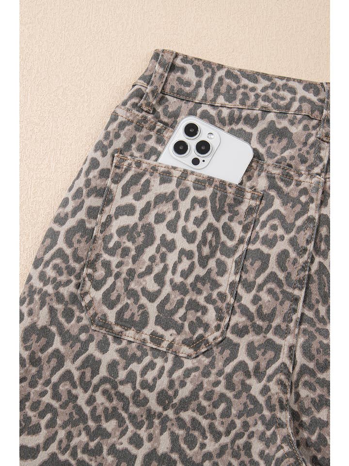Brown LDC Leopard Frayed Edge Wide Leg High Waist Jeans for wholesale on Faire