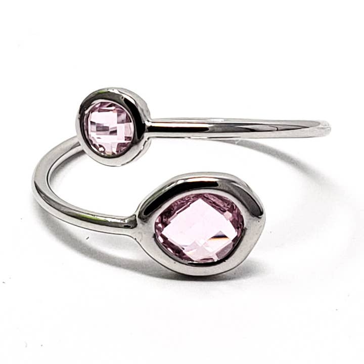 #RFT31- Bague Réglable en Verre Encadré- Argent Rose pour la vente par The Beaded Wire Designs