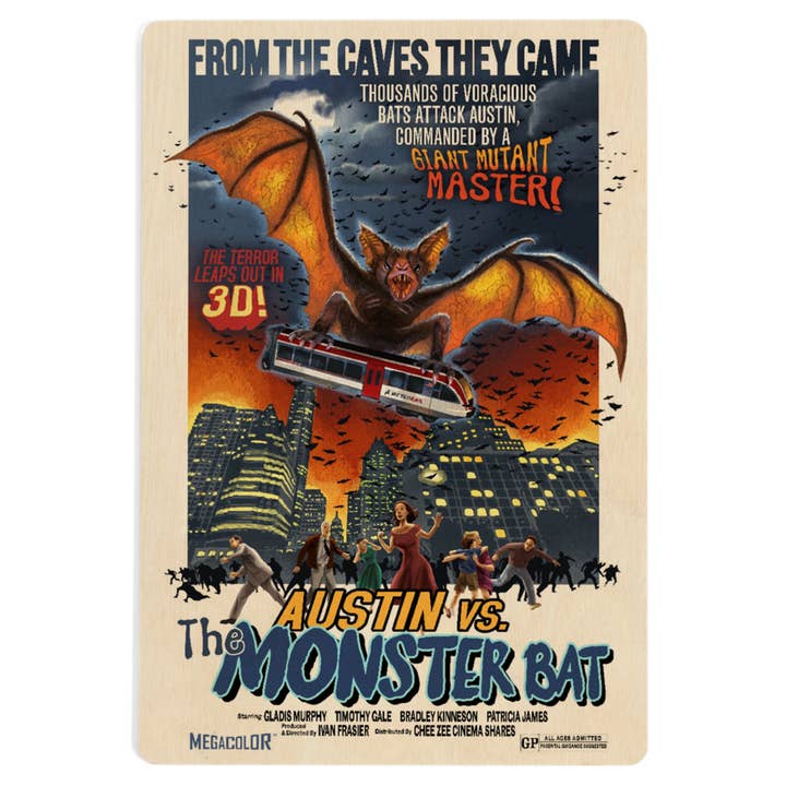 CARTE POSTALE EN BOIS Austin, Texas, Austin contre The Monster Bat pour la vente par Lantern Press