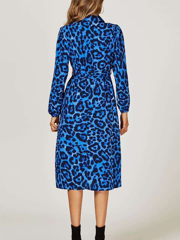 FS Collection (Germany) - Wholesale Dress - Women's - Leopard Print Split Leg Midi Shirt Dress In Royal Blue5