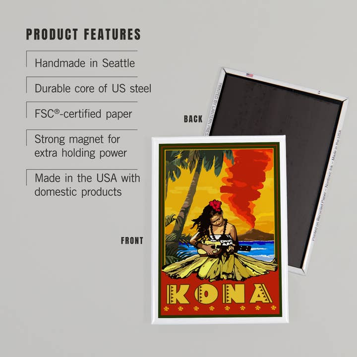 Lantern Press - Vendita all'ingrosso Calamite - MAGNET Kona, Hawaii, Hula Girl e ukulele