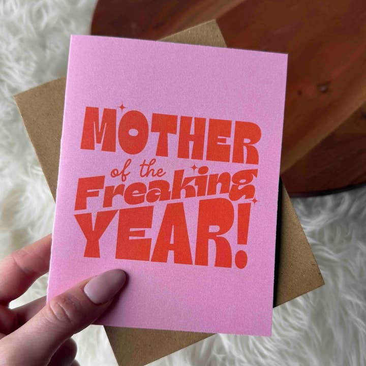 "Mother of the Freaking Year" pink card for wholesale by Big Moods