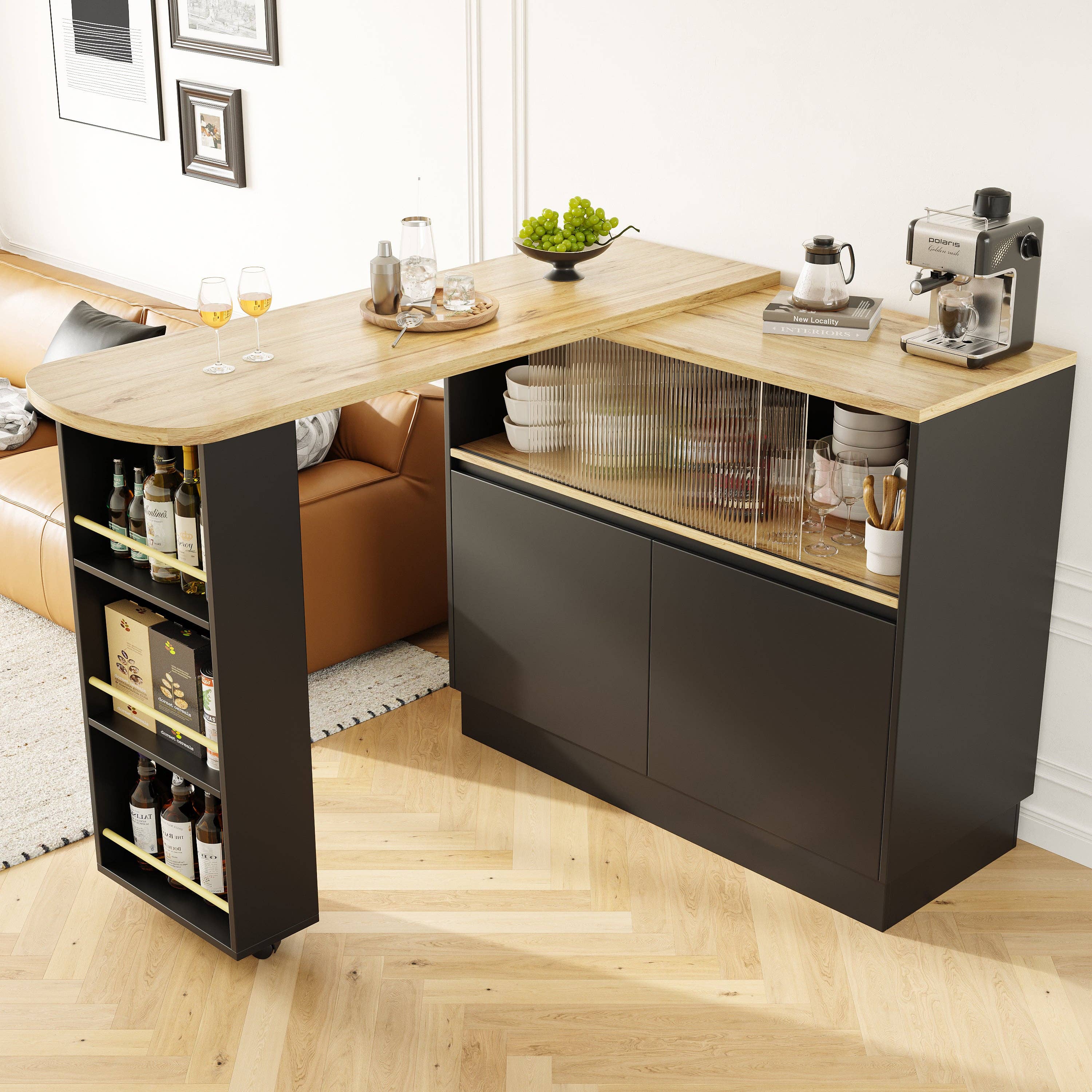 Urban Meuble - Wholesale Sideboard - Wood-effect and black bar table with 360° swivel storage and corrugated glass TINPLATE4