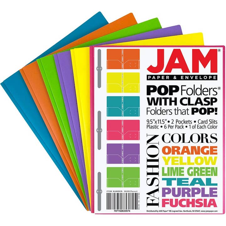 JAM PAPER - Wholesale Folders - Plastic POP Folders with Metal Prongs, 2 Pockets, 6-Pack