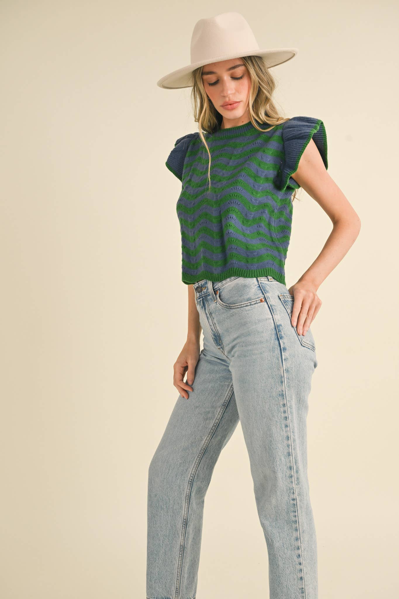 &MERCI - Wholesale Knit Sweater - Women's - WAVY STRIPES FLUTTER SLEEVE SWEATER TOP MSW1050989