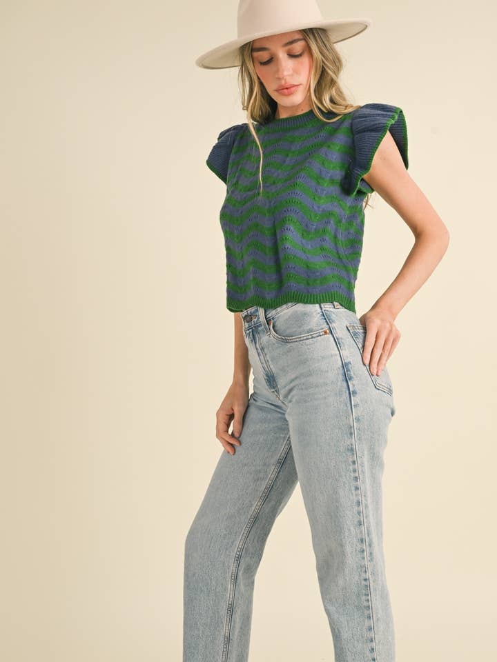 &MERCI - Wholesale Knit Sweater - Women's - WAVY STRIPES FLUTTER SLEEVE SWEATER TOP MSW1050989