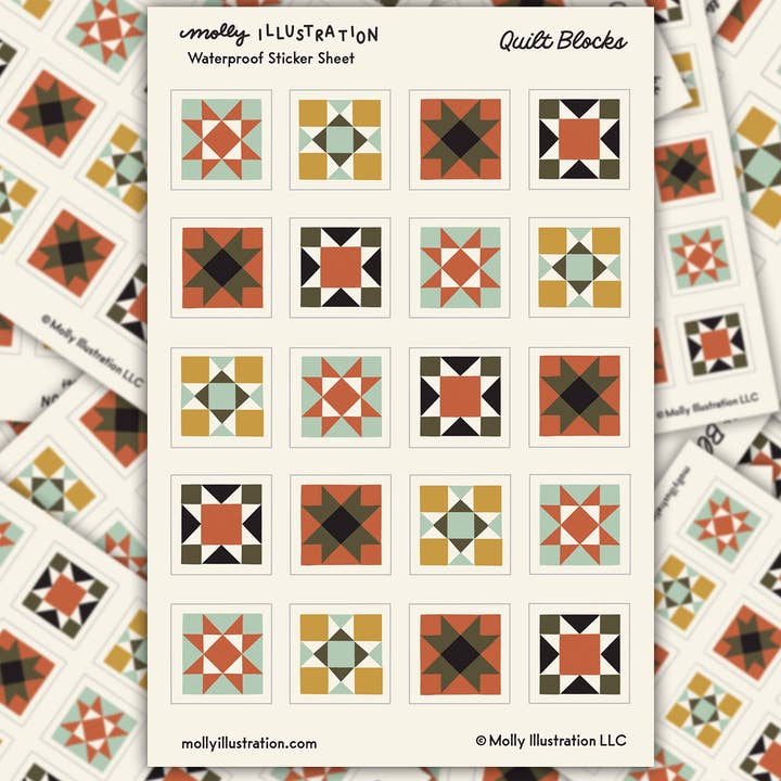 Quilt Block Illustrated Waterproof Vinyl Sticker Sheet for wholesale by Molly Illustration