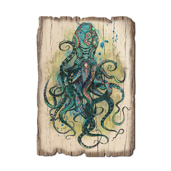Colorful Blue Octopus -Wood Rustic Beach Postcards & Magnets for wholesale by DaydreamHQ